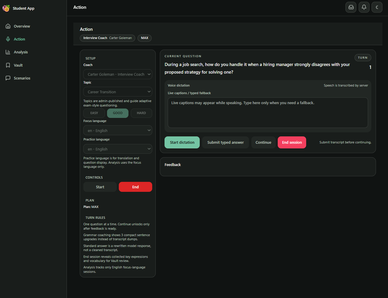 AI speaking practice interface in PassionalAI