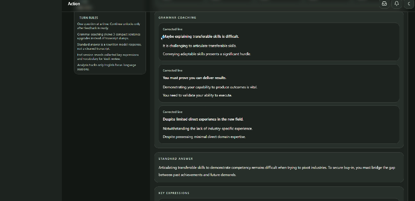 Grammar coaching interface in PassionalAI