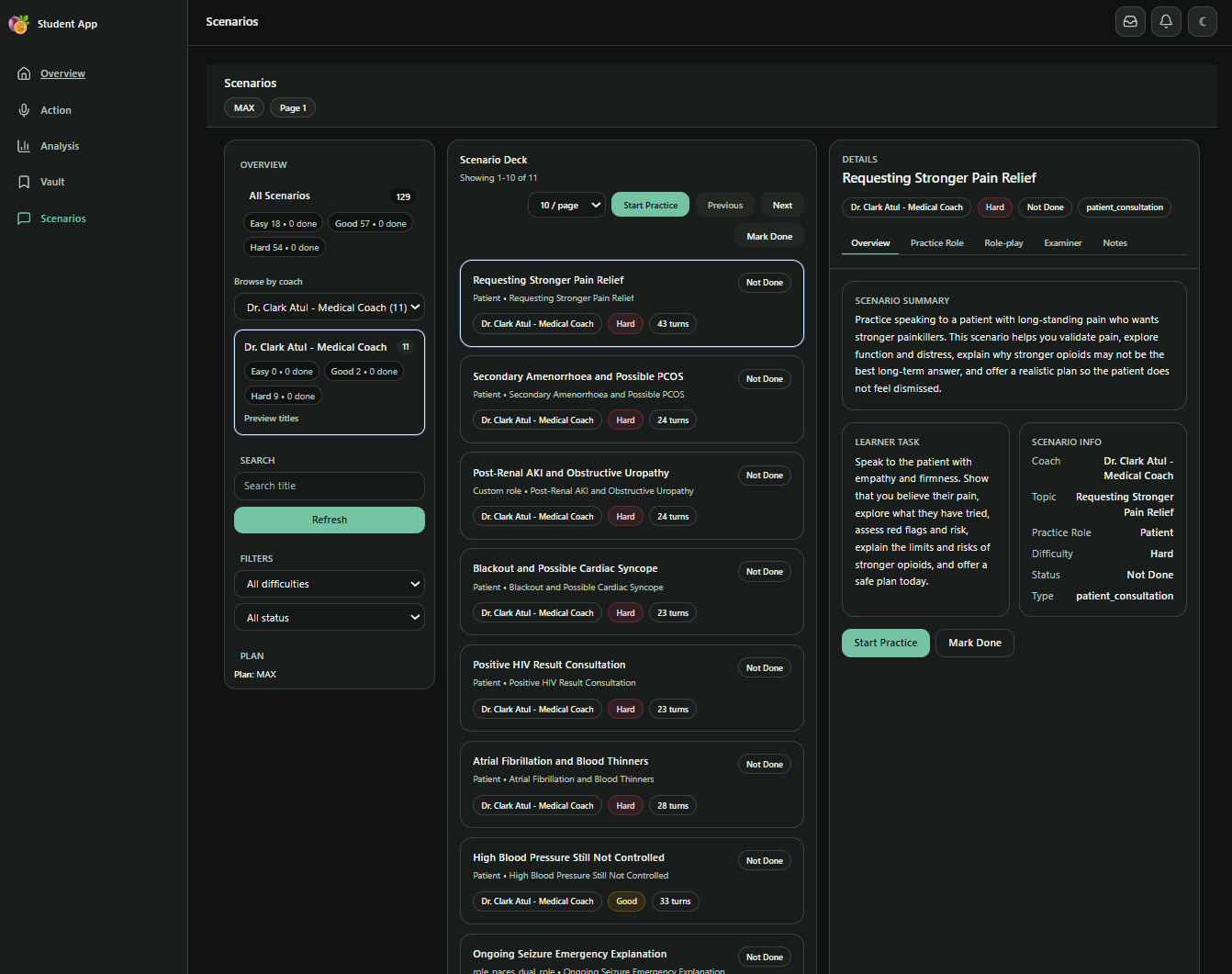 Practice scenarios interface in PassionalAI