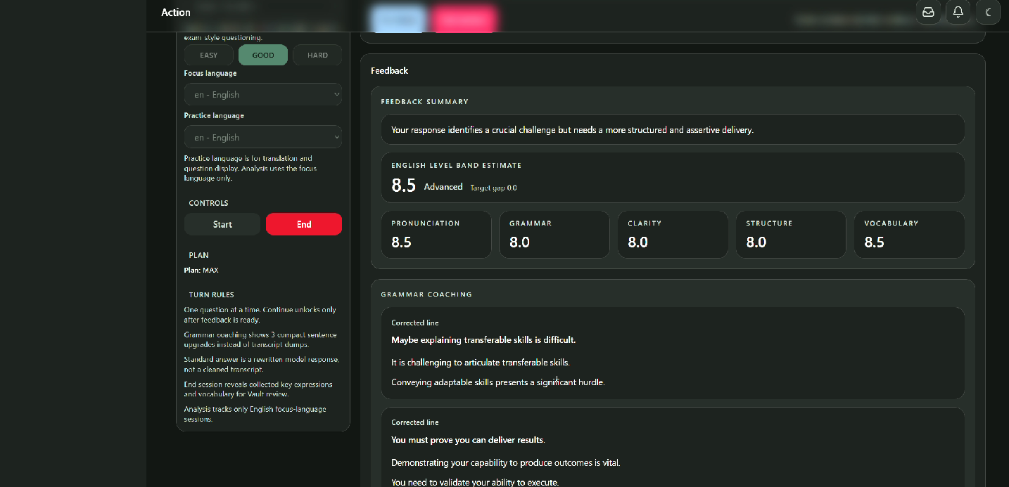 Immediate scores interface in PassionalAI