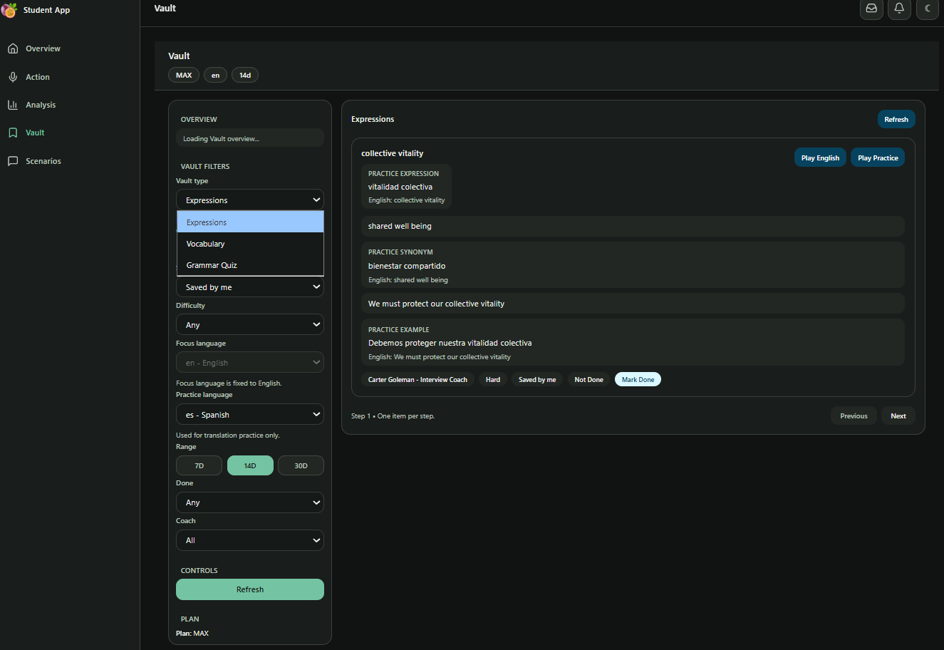 Learning Vault interface in PassionalAI